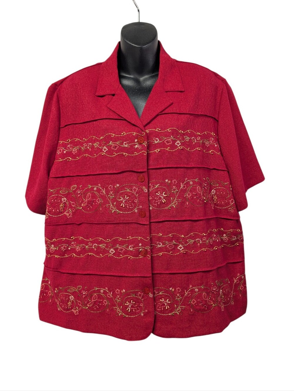 Alfred Dunner Womens Red Embroidered Floral Collared Button-Up Blouse Plus 18W